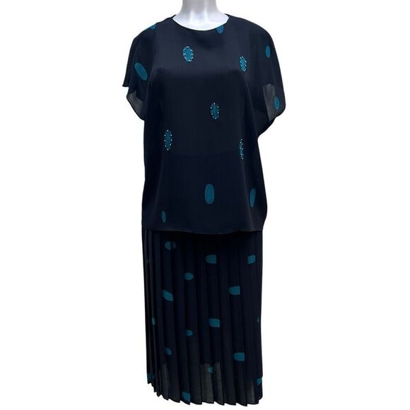 Vtg MAAS Brothers Blouse & Skirt 2Pc Set Size 14 Black Teal Printed Embellished - Picture 2 of 16